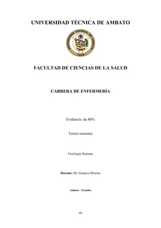 45
UNIVERSIDAD TÉCNICA DE AMBATO
FACULTAD DE CIENCIAS DE LA SALUD
CARRERA DE ENFERMERÍA
Evidencia de 40%
Tercer semestre
Fisiología Humana
Docente: Dr. Gustavo Moreno
Ambato – Ecuador
 
