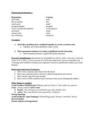 Eliminating Redundancy:  
 
Redundant:  Concise: 
refer back refer 
few in number few 
small­sized small 
grouped together grouped 
in my own personal opinion in my opinion 
end result result 
serious crisis crisis 
new initiatives initiatives 
 
Examples: 
 
1. All of these problems have combined together to create a serious crisis.  
a. Together, all of these problems create a crisis.  
 
2. That monument continues to remain a significant tourist attraction. 
a. That monument remains a significant tourist attraction. 
 
Excessive Qualification:​ ​Occasional use of qualifiers as: ​fairly, rather, somewhat, relatively, 
seems to be, a little, a certain amount of, will let the reader know you are reasonable, but 
overusing such modifiers weakens your argument. Excessive qualification makes you sound 
hesitant. 
 
Removing Unnecessary Sentences:  
a. Don’t write a sentence that strays from the thesis 
b. Don’t ask a question only to answer it; rhetorical questions are a no­no 
c. Don’t merely copy the essay prompt 
d. Don’t write a whole sentence only to announce that you’re changing the subject. 
 
Other things to consider:  
Avoid Needless Self­Reference:​ Phrases such as,​ I believe, I feel​ , and ​in my opinion.  
Voice:  ​Always write in ​active voice​:  
● Passive​: ​The writing test was failed by more than half the class.  
● Active​: ​More than half the class passed the writing test 
Strong Openings 
Avoid needlessly vague language: ​Generalizing ​people, ​humans​ , ​sometimes​ , ​history 
Reword cliches 
Ensure subject­verb­agreement 
 
   
 