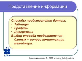 Крашенинникова Л., 2005 missing_link@mail.ru
Представление информации
Способы представления данных:
• Таблицы
• Графики
• Диаграммы
Выбор способа представления
данных – вопрос компетенции
менеджера.
Способы представления данных:
• Таблицы
• Графики
• Диаграммы
Выбор способа представления
данных – вопрос компетенции
менеджера.
 