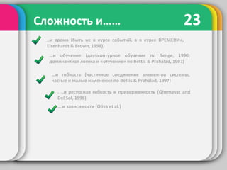 23Сложность и……
..и время (быть не в курсе событий, а в курсе ВРЕМЕНИ»,
Eisenhardt & Brown, 1998))
…и обучение (двухконтурное обучение по Senge, 1990;
доминантная логика и «отучение» по Bettis & Prahalad, 1997)
…и гибкость (частичное соединение элементов системы,
частые и малые изменения по Bettis & Prahalad, 1997)
. ..и ресурсная гибкость и приверженность (Ghemavat and
Del Sol, 1998)
… и зависимости (Oliva et al.)
 