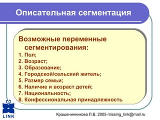 Крашенинникова Л.В. 2005 missing_link@mail.ru
Описательная сегментация
Возможные переменные
сегментирования:
1. Пол;
2. Возраст;
3. Образование;
4. Городской/сельский житель;
5. Размер семьи;
6. Наличие и возраст детей;
7. Национальность;
8. Конфессиональная принадлежность
Возможные переменные
сегментирования:
1. Пол;
2. Возраст;
3. Образование;
4. Городской/сельский житель;
5. Размер семьи;
6. Наличие и возраст детей;
7. Национальность;
8. Конфессиональная принадлежность
 