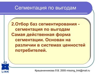 Крашенинникова Л.В. 2005 missing_link@mail.ru
Сегментация по выгодам
2.Отбор баз сегментирования -
сегментация по выгодам
Самая действенная форма
сегментации. Основан на
различии в системах ценностей
потребителей.
2.Отбор баз сегментирования -
сегментация по выгодам
Самая действенная форма
сегментации. Основан на
различии в системах ценностей
потребителей.
 
