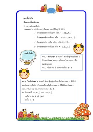  
 
 
 
เซ
ข้อ
1)
2)
เซ
เซต A
สมาชิ
เซต
เช่น ก
จ
ดั
ซตที่เท่ากัน
อตกลงเกี่ยว
เซตว่างเป็นเ
เซตของจํานว
ซตที่เท่ากัน
A ไม่เท่ากับเ
ชิกเซตB หรือ
A “ไม่เท่ากับ
กําหนดให้ A
จะเห็นว่า 1
ดังนั้น BA 
กับเซต
เซตจํากัด
วนที่มักจะกล่

I เป็นเซต

I เป็นเซต
I เป็นเซตข
N เป็นเซต
เซต B หมาย
อ มีสมาชิกอย่
บ เซตB เขียน
 3,2,1 แ
A แต่ 1
B
-
ล่าวถึงเสมอ แ
ของจํานวนเต็
ของจํานวนเต็
ของจํานวนเต็
ของจํานวนเต็
เซต A เท่ากั
เป็นสมาชิกเซ
สมาชิกของเซ
เซต A เท่ากับ
ยถึง มีสมาชิก
างน้อยหนึ่งตั
นแทนด้วย A
และ  ,2B
B
1 -
และใช้ทั่วๆไป
ต็มบวก หรือ
ต็มลบ หรือ I
ต็ม หรือ I
ต็มนับ หรือ
14
กับ เซต B ห
ซต B และ สม
ซต
ับ เซต B เขีย
กอย่างน้อยหนึ
ตัวของเซต B
BA 
3
ป มีดังนี้
 3,2,1
I
 2,1_
I
 2,2,1,1,0 
 4,3,2,1N
มายถึง สมาชิ
มาชิกทุกตัวข
ยนแทนด้วย
นึ่งตัวของเซต
ที่ไม่ใช่สมา
,...4,3
,...4,3,2 
,...2
,...4
ชิกทุกตัวของ
องเซต B เป็
BA 
ต A ที่ไม่ใช่
าชิกเซต A
เซต A
ป็น
 