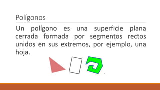 Polígonos
Un polígono es una superficie plana
cerrada formada por segmentos rectos
unidos en sus extremos, por ejemplo, una
hoja.