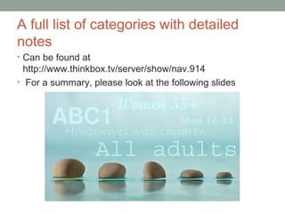 A full list of categories with detailed
notes
• Can be found at
http://www.thinkbox.tv/server/show/nav.914
• For a summary, please look at the following slides
 