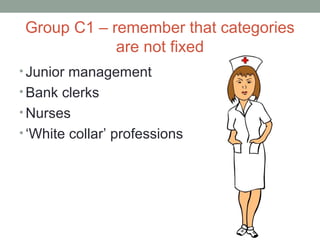 Group C1 – remember that categories
are not fixed
• Junior management
• Bank clerks
• Nurses
• ‘White collar’ professions
 