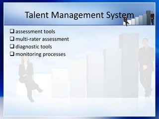 Talent Management System
assessment tools
multi-rater assessment
diagnostic tools
monitoring processes
 