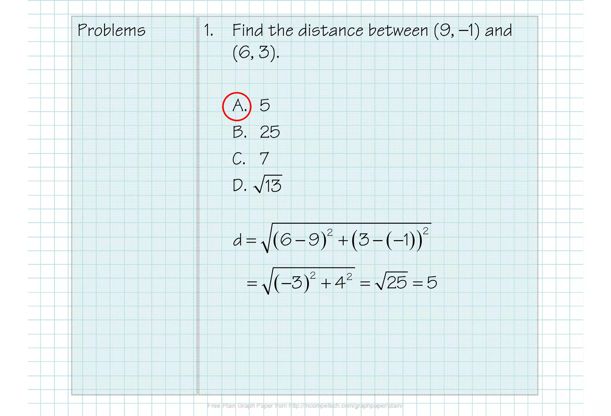 Problems 1. Find the distance between (9, —1) and
(6, 3).
A. 5
B. 25
C. 7
D. 13
( ) ( )( )
22
d 6 9 3 1= − + − −
( )2 2
3 4 25 5= − + = =
 