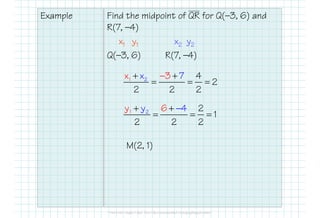 Example Find the midpoint of QR for Q(—3, 6) and
R(7, —4)
x1 y1 x2 y2
Q(—3, 6) R(7, —4)
21x 3x 7 4
2
2 2 2
+ +
= = =
−
21 2
1
yy 6 4+ +
=
−
= =21 2
1
y
2 2
y 6
2
4+ +
=
−
= =
M(2, 1)
 