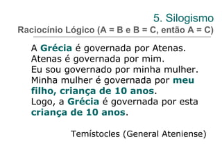 5. Silogismo
Raciocínio Lógico (A = B e B = C, então A = C)
A Grécia é governada por Atenas.
Atenas é governada por mim.
Eu sou governado por minha mulher.
Minha mulher é governada por meu
filho, criança de 10 anos.
Logo, a Grécia é governada por esta
criança de 10 anos.
Temístocles (General Ateniense)
 