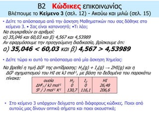 • Δείτε το απόσπασμα από την άσκηση Mαθηματικών που σας δόθηκε στο
κείμενο 3. • Σας είναι κατανοητό; •Τι λέει;
Να συγκριθούν οι αριθμοί:
α) 35,046 και 60,03 και β) 4,567 και 4,53989
Αν εφαρμόσουμε την προηγούμενη διαδικασία, βρίσκουμε ότι:
α) 35,046 < 60,03 και β) 4,567 > 4,53989
B2 Κώδικες επικοινωνίας
Βλέπουμε το Κείμενο 3 (σελ. 12) - Ακούω και μιλώ (σελ. 15)
• Δείτε τώρα κι αυτό το απόσπασμα από μία άσκηση Xημείας:
Να βρεθεί η τιμή ΔG0 της αντίδρασης: H2(g) + I2(g) → 2HI(g) και η
ΔG0 σχηματισμού του ΗΙ σε kJ mol-1, με βάση τα δεδομένα του παρακάτω
πίνακα: ουσία
ΔH0
f / kJ mol-1
S0 / J mol-1 K-1
Η2
0
130,7
Ι2
0
116,1
ΗΙ
26,48
206,6
• Στο κείμενο 3 υπάρχουν δείγματα από διάφορους κώδικες. Ποιοι από
αυτούς μας δίνουν οπτικά σήματα και ποιοι ακουστικά;
 