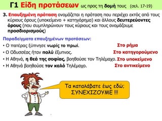 Γ1 Είδη προτάσεων ως προς τη δομή τους (σελ. 17-19)
3. Επαυξημένη πρόταση ονομάζεται η πρόταση που περιέχει εκτός από τους
κύριους όρους (υποκείμενο + κατηγόρημα) και άλλους δευτερεύοντες
όρους (που συμπληρώνουν τους κύριους και τους ονομάζουμε
προσδιορισμούς)
Παραδείγματα επαυξημένων προτάσεων:
• Ο πατέρας ξύπνησε νωρίς το πρωί.
• Ο Οδυσσέας ήταν πολύ έξυπνος.
• Η Αθηνά, η θεά της σοφίας, βοηθούσε τον Τηλέμαχο.
• Η Αθηνά βοηθούσε τον καλό Τηλέμαχο.
Στο ρήμα
Στο κατηγορούμενο
Στο υποκείμενο
Τα καταλάβατε έως εδώ;
ΣΥΝΕΧΙΖΟΥΜΕ !!!
Στο αντικείμενο
 