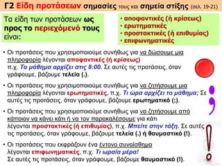 Γ2 Είδη προτάσεων σημασίες τους και σημεία στίξης (σελ. 19-21)
Τα είδη των προτάσεων ως
προς το περιεχόμενό τους
είναι:
• αποφαντικές (ή κρίσεως)
• ερωτηματικές
• προστακτικές (ή επιθυμίας)
• επιφωνηματικές
• Oι προτάσεις που χρησιμοποιούμε συνήθως για να δώσουμε μια
πληροφορία λέγονται αποφαντικές (ή κρίσεως)
π.χ. Το μάθημα αρχίζει στις 8:00. Σε αυτές τις προτάσεις, όταν
γράφουμε, βάζουμε τελεία (.).
• Oι προτάσεις που χρησιμοποιούμε συνήθως για να ζητήσουμε μια
πληροφορία λέγονται ερωτηματικές, π.χ. Τι ώρα αρχίζει το μάθημα; Σε
αυτές τις προτάσεις, όταν γράφουμε, βάζουμε ερωτηματικό (;).
• Oι προτάσεις που χρησιμοποιούμε συνήθως για να ζητήσουμε από
κάποιον να κάνει κάτι ή να τον παρακαλέσουμε για κάτι
λέγονται προστακτικές (ή επιθυμίας), π.χ. Μπείτε στην τάξη. Σε αυτές
τις προτάσεις, όταν γράφουμε, βάζουμε τελεία (.) ή θαυμαστικό (!).
• Oι προτάσεις που εκφράζουν ένα έντονο συναίσθημα
λέγονται επιφωνηματικές, π.χ. Τι ωραία μέρα!
Σε αυτές τις προτάσεις, όταν γράφουμε, βάζουμε θαυμαστικό (!).
 