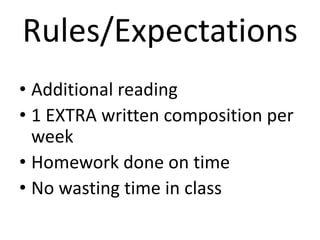 Rules/Expectations
• Additional reading
• 1 EXTRA written composition per
week
• Homework done on time
• No wasting time in class
 