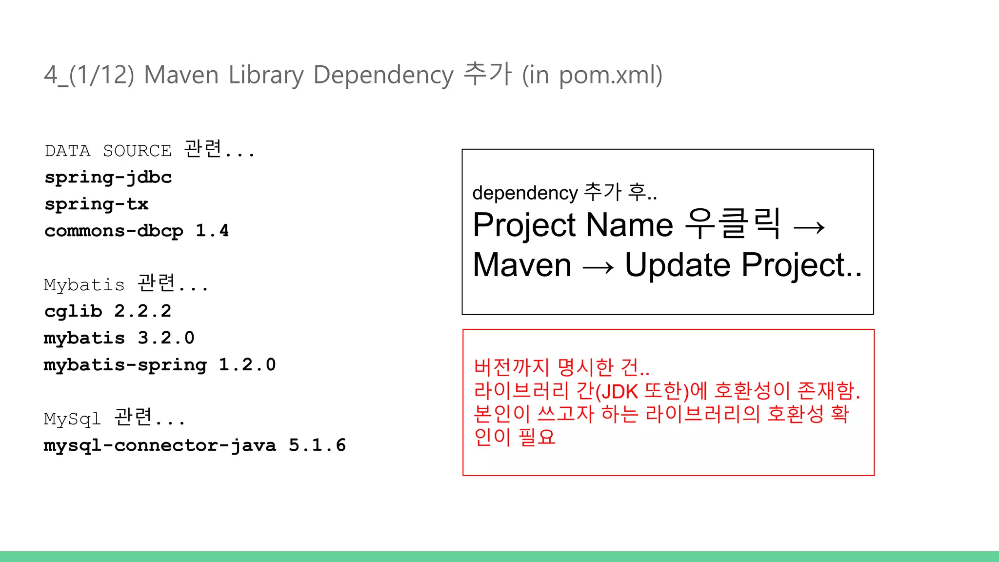 4_(1/12) Maven Library Dependency 추가 (in pom.xml) DATA SOURCE 관련... spring-jdbc spring-tx commons-dbcp 1.4 Mybatis 관련... cglib 2.2.2 mybatis 3.2.0 mybatis-spring 1.2.0 MySql 관련... mysql-connector-java 5.1.6 dependency 추가 후.. Project Name 우클릭 → Maven → Update Project.. 버전까지 명시한 건.. 라이브러리 간(JDK 또한)에 호환성이 존재함. 본인이 쓰고자 하는 라이브러리의 호환성 확 인이 필요 