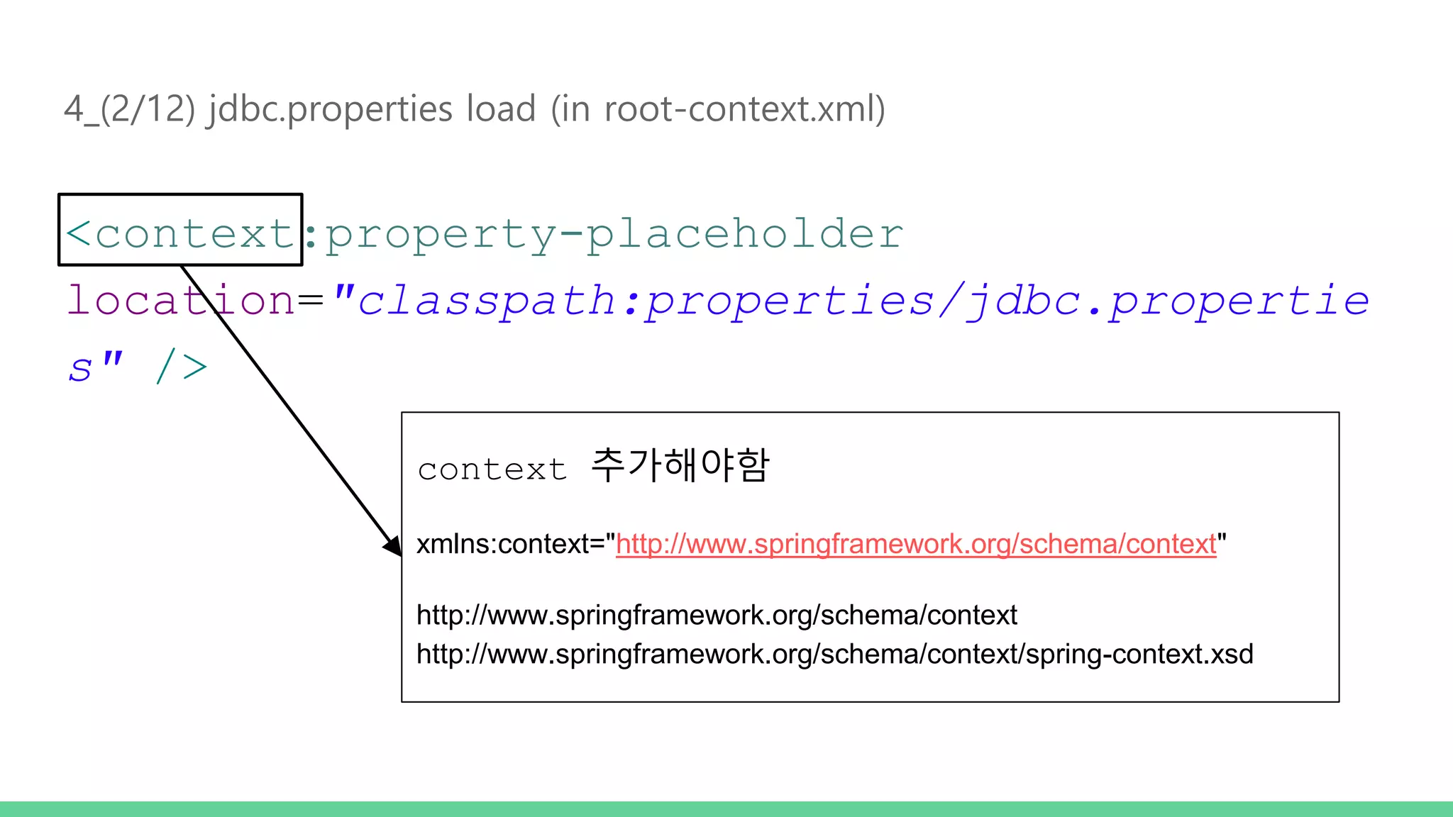 4_(2/12) jdbc.properties load (in root-context.xml) <context:property-placeholder location="classpath:properties/jdbc.propertie s" /> context 추가해야함 xmlns:context="http://www.springframework.org/schema/context" http://www.springframework.org/schema/context http://www.springframework.org/schema/context/spring-context.xsd 