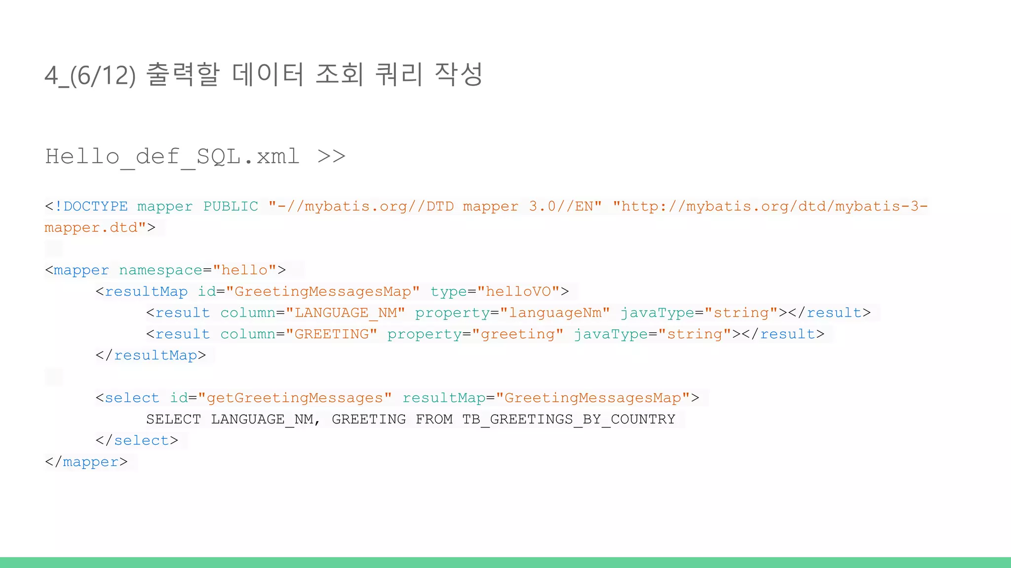 4_(6/12) 출력할 데이터 조회 쿼리 작성 Hello_def_SQL.xml >> <!DOCTYPE mapper PUBLIC "-//mybatis.org//DTD mapper 3.0//EN" "http://mybatis.org/dtd/mybatis-3- mapper.dtd"> <mapper namespace="hello"> <resultMap id="GreetingMessagesMap" type="helloVO"> <result column="LANGUAGE_NM" property="languageNm" javaType="string"></result> <result column="GREETING" property="greeting" javaType="string"></result> </resultMap> <select id="getGreetingMessages" resultMap="GreetingMessagesMap"> SELECT LANGUAGE_NM, GREETING FROM TB_GREETINGS_BY_COUNTRY </select> </mapper> 