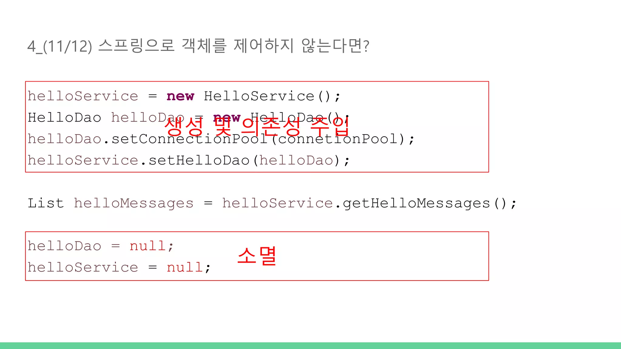 4_(11/12) 스프링으로 객체를 제어하지 않는다면? helloService = new HelloService(); HelloDao helloDao = new HelloDao(); helloDao.setConnectionPool(connetionPool); helloService.setHelloDao(helloDao); List helloMessages = helloService.getHelloMessages(); helloDao = null; helloService = null; 생성 및 의존성 주입 소멸 