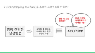 2_(3/3) STS(Spring Tool Suite)로 스프링 프로젝트를 만들면?
엄청 간단한
생성방법
설정할 줄 몰라도
사용할 줄만 알면
개발이 가능
스프링 유저 코더?
STS 가 사라
진다면?
아니 스프링
프레임워크가
사라진다면?
 