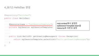 4_(8/12) HelloDao 생성
@Repository("helloDao")
public class HelloDao{
@Resource(name = "sqlSessionTemplate")
private SqlSession sqlSessionTemplate;
public List<HelloVO> getGreetingMessages() throws Exception{
return sqlSessionTemplate.selectList("hello.getGreetingMessages");
}
}
root-context에서 설정한
sqlSessionTemplate bean을
resource로 의존성 설정
 
