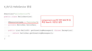 4_(9/12) HelloService 생성
@Service("helloService")
public class HelloService{
@Resource(name = "helloDao")
private HelloDao helloDao;
public List<HelloVO> getGreetingMessages() throws Exception{
return helloDao.getGreetingMessages();
}
}
compornent-scan에 의한 WAC에 등
록된 Bean도 의존성 설정
 