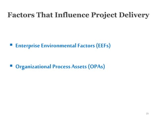 Factors That Influence Project Delivery
 EnterpriseEnvironmental Factors (EEFs)
 Organizational ProcessAssets (OPAs)
19
 