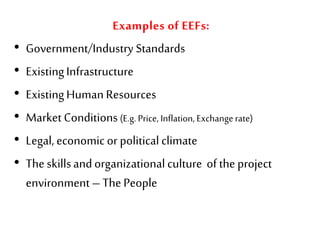 Examples of EEFs:
• Government/Industry Standards
• ExistingInfrastructure
• ExistingHuman Resources
• Market Conditions(E.g. Price, Inflation, Exchangerate)
• Legal, economic or political climate
• The skillsandorganizational culture of the project
environment – The People
 