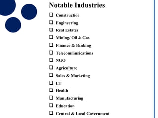 Notable Industries
 Construction
 Engineering
 Real Estates
 Mining/ Oil & Gas
 Finance & Banking
 Telecommunications
 NGO
 Agriculture
 Sales & Marketing
 I.T
 Health
 Manufacturing
 Education
 Central & Local Government
 
