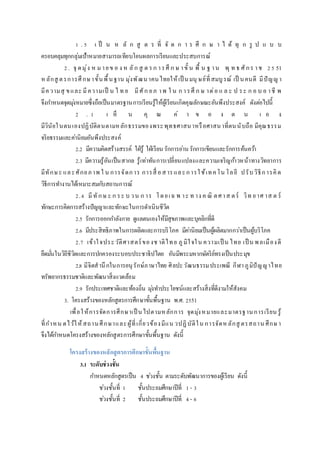 1 . 5 เ ป็ น ห ลั ก สู ต ร ที่ จั ด ก า ร ศึ ก ษ า ไ ด้ ทุ ก รู ป แ บ บ
ครอบคลุมทุกกลุ่มเป้าหมายสามารถเทียบโอนผลการเรียนและประสบการณ์
2. จุ ดมุ่ง ห ม ายข อ ง ห ลัก สู ต รก ารศึ ก ษ าขั้ น พื้ น ฐ าน พุ ท ธ ศักร าช 25 51
หลักสู ตรการศึกษาขั้นพื้นฐาน มุ่งพัฒนาคนไทยให้เป็ นมนุ ษย์ที่สมบูรณ์ เป็ นคนดี มีปัญญา
มีความสุ ขและ มีความเป็ น ไ ท ย มีศัก ยภ าพ ใ น ก ารศึ ก ษ าต่อ แ ล ะ ป ระ ก อ บ อ าชี พ
จึงกาหนดจุดมุ่งหมายซึ่งถือเป็นมาตรฐานการเรียนรู้ให้ผู้เรียนเกิดคุณลักษณะอันพึงประสงค์ ดังต่อไปนี้
2 . 1 เ ห็ น คุ ณ ค่ า ข อ ง ต น เ อ ง
มีวินัยในตนเองปฏิบัติตนตามหลักธรรมของพระพุทธศาสนาหรือศาสนาที่ตนนับถือ มีคุณธรรม
จริยธรรมและค่านิยมอันพึงประสงค์
2.2 มีความคิดสร้างสรรค์ ใฝ่รู้ ใฝ่เรียน รักการอ่าน รักการเขียนและรักการค้นคว้า
2.3 มีความรู้อันเป็นสากล รู้เท่าทันการเปลี่ยนแปลงและความเจริญก้าวหน้าทางวิทยาการ
มีทักษะ และศักยภาพ ใ น การจัดการ การสื่ อสารและการใช้เทคโน โลยี ปรับวิธีการคิด
วิธีการทางานได้เหมาะสมกับสถานการณ์
2.4 มีทักษ ะ ก ระ บ วน ก าร โดยเฉ พ าะ ท าง ค ณิ ตศาส ตร์ วิท ยาศ าส ต ร์
ทักษะการคิดการสร้างปัญญาและทักษะในการดาเนินชีวิต
2.5 รักการออกกาลังกาย ดูแลตนเองให้มีสุขภาพและบุคลิกที่ดี
2.6 มีประสิทธิภาพในการผลิตและการบริโภค มีค่านิยมเป็นผู้ผลิตมากกว่าเป็นผู้บริโภค
2.7 เข้าใจประวัติศาสตร์ของช าติไทย ภูมิใจใน ความเป็ น ไทย เป็ น พลเมืองดี
ยึดมั่นในวิถีชีวิตและการปกครองระบอบประชาธิปไตย อันมีพระมหากษัตริย์ทรงเป็นประมุข
2.8 มีจิตสานึกในการอนุรักษ์ภาษาไทย ศิลปะวัฒนธรรมประเพณี กีฬาภูมิปัญญาไทย
ทรัพยากรธรรมชาติและพัฒนาสิ่งแวดล้อม
2.9 รักประเทศชาติและท้องถิ่น มุ่งทาประโยชน์และสร้างสิ่งที่ดีงามให้สังคม
3. โครงสร้างของหลักสูตรการศึกษาขั้นพื้นฐาน พ.ศ. 2551
เพื่อให้การจัดการศึกษาเป็ นไปตามหลักการ จุดมุ่งหมายและมาตรฐานการเรียน รู้
ที่กาหน ดไว้ให้สถานศึกษาและผู้ที่เกี่ยวข้องมีแน วปฏิบัติใน การจัดหลักสู ตรสถาน ศึกษา
จึงได้กาหนดโครงสร้างของหลักสูตรการศึกษาขั้นพื้นฐาน ดังนี้
โครงสร้ำงของหลักสูตรกำรศึกษำขั้นพื้นฐำน
3.1 ระดับช่วงชั้น
กาหนดหลักสูตรเป็น 4 ช่วงชั้น ตามระดับพัฒนาการของผู้เรียน ดังนี้
ช่วงชั้นที่ 1 ชั้นประถมศึกษาปีที่ 1 - 3
ช่วงชั้นที่ 2 ชั้นประถมศึกษาปีที่ 4 - 6
 