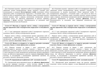 29
66.4. Платники податків - юридичні особи та їх відокремлені підрозділи
зобов'язані подати контролюючому органу відомості стосовно осіб,
відповідальних за ведення бухгалтерського та/або податкового обліку
юридичної особи, її відокремлених підрозділів, у 10-денний строк з дня
взяття на облік чи виникнення змін у облікових даних платників податків,
шляхом подання заяви у порядку, визначеному центральним органом
виконавчої влади, що забезпечує формування та реалізує державну
податкову і митну політику. Відповідальність за неподання такої
інформації визначається цим Кодексом.
66.4. Платники податків - юридичні особи та їх відокремлені підрозділи
зобов'язані подати контролюючому органу відомості стосовно осіб,
відповідальних за ведення податкового обліку юридичної особи, її
відокремлених підрозділів, у 10-денний строк з дня взяття на облік чи
виникнення змін у облікових даних платників податків, шляхом подання
заяви у порядку, визначеному центральним органом виконавчої влади, що
забезпечує формування та реалізує державну фінансову політику.
Відповідальність за неподання такої інформації визначається цим
Кодексом.
Стаття 67. Підстави та порядок зняття з обліку у контролюючих
органах юридичних осіб, їх відокремлених підрозділів та самозайнятих
осіб
67.3. У разі припинення юридичної особи її відокремлені підрозділи
підлягають зняттю з обліку в контролюючих органах.
Порядок зняття з обліку у контролюючих органах юридичних осіб, їх
відокремлених підрозділів та самозайнятих осіб встановлюється
центральним органом виконавчої влади, що забезпечує формування та
реалізує державну податкову і митну політику.
Стаття 67. Підстави та порядок зняття з обліку у контролюючих
органах юридичних осіб, їх відокремлених підрозділів та самозайнятих
осіб
67.3. У разі припинення юридичної особи її відокремлені підрозділи
підлягають зняттю з обліку в контролюючих органах.
Порядок зняття з обліку у контролюючих органах юридичних осіб, їх
відокремлених підрозділів та самозайнятих осіб встановлюється
центральним органом виконавчої влади, що забезпечує формування та
реалізує державну фінансову політику.
Стаття 69. Вимоги до відкриття та закриття рахунків платників
податків у банках та інших фінансових установах
69.5. Порядок подання та форма і зміст повідомлень про
відкриття/закриття рахунків платників податків у банках та інших
фінансових установах, перелік підстав для відмови контролюючих органів
у взятті рахунків на облік визначаються центральним органом виконавчої
влади, що забезпечує формування та реалізує державну податкову і митну
політику, за погодженням з відповідними державними органами, які
регулюють діяльність фінансових установ.
Стаття 69. Вимоги до відкриття та закриття рахунків платників
податків у банках та інших фінансових установах
69.5. Порядок подання та форма і зміст повідомлень про
відкриття/закриття рахунків платників податків у банках та інших
фінансових установах, перелік підстав для відмови контролюючих органів
у взятті рахунків на облік визначаються центральним органом виконавчої
влади, що забезпечує формування та реалізує державну фінансову
політику, за погодженням з відповідними державними органами, які
регулюють діяльність фінансових установ.
Стаття 70. Державний реєстр фізичних осіб - платників податків
70.1. Центральний орган виконавчої влади, що забезпечує формування
та реалізує державну податкову і митну політику, формує та веде
Державний реєстр фізичних осіб - платників податків (далі - Державний
Стаття 70. Державний реєстр фізичних осіб - платників податків
70.1. Центральний орган виконавчої влади, що реалізує державну
податкову і митну політику, формує та веде Державний реєстр фізичних
 