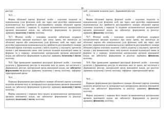 30
реєстр).
70.5…..
Форма облікової картки фізичної особи - платника податків та
повідомлення (для фізичних осіб, які через свої релігійні переконання
відмовляються від прийняття реєстраційного номера облікової картки
платника податків) і порядок їх подання встановлюються центральним
органом виконавчої влади, що забезпечує формування та реалізує
державну податкову і митну політику.
70.7. Фізичні особи - платники податків зобов'язані подавати
контролюючим органам відомості про зміну даних, які вносяться до
облікової картки або повідомлення (для фізичних осіб, які через свої
релігійні переконання відмовляються від прийняття реєстраційного номера
облікової картки платника податків і мають відмітку у паспорті), протягом
місяця з дня виникнення таких змін шляхом подання відповідної заяви за
формою та у порядку, визначеними центральним органом виконавчої
влади, що забезпечує формування та реалізує державну податкову і митну
політику.
70.8. Про проведення державної реєстрації фізичної особи - платника
податків у Державному реєстрі та внесення змін до даних, які містяться у
Державному реєстрі, центральний орган виконавчої влади, що забезпечує
формування та реалізує державну податкову і митну політику, інформує
територіальний орган:
70.9. …
Порядок формування реєстраційного номера облікової картки платника
податків визначається та затверджується центральним органом виконавчої
влади, що забезпечує формування та реалізує державну податкову і митну
політику.
Форма документа і порядок його видачі встановлюються центральним
органом виконавчої влади, що забезпечує формування та реалізує
державну податкову і митну політику.
осіб - платників податків (далі - Державний реєстр).
70.5…..
Форма облікової картки фізичної особи - платника податків та
повідомлення (для фізичних осіб, які через свої релігійні переконання
відмовляються від прийняття реєстраційного номера облікової картки
платника податків) і порядок їх подання встановлюються центральним
органом виконавчої влади, що забезпечує формування та реалізує
державну фінансову політику.
70.7. Фізичні особи - платники податків зобов'язані подавати
контролюючим органам відомості про зміну даних, які вносяться до
облікової картки або повідомлення (для фізичних осіб, які через свої
релігійні переконання відмовляються від прийняття реєстраційного номера
облікової картки платника податків і мають відмітку у паспорті), протягом
місяця з дня виникнення таких змін шляхом подання відповідної заяви за
формою та у порядку, визначеними центральним органом виконавчої
влади, що забезпечує формування та реалізує державну фінансову
політику.
70.8. Про проведення державної реєстрації фізичної особи - платника
податків у Державному реєстрі та внесення змін до даних, які містяться у
Державному реєстрі, центральний орган виконавчої влади, що реалізує
державну податкову і митну політику, інформує територіальний орган:
70.9….
Порядок формування реєстраційного номера облікової картки платника
податків визначається та затверджується центральним органом виконавчої
влади, що забезпечує формування та реалізує державну фінансову
політику.
Форма документа і порядок його видачі встановлюються центральним
органом виконавчої влади, що забезпечує формування та реалізує
державну фінансову політику.
 