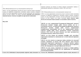 59
…
140.4. Фінансовий результат до оподаткування зменшується:
140.4.1. на суму нарахованих доходів від участі в капіталі інших платників
податку на прибуток підприємств, платників єдиного податку четвертої
групи та на суму нарахованих доходів у вигляді дивідендів, що підлягають
виплаті на його користь від інших платників податків, які сплачують
авансові внески з податку на прибуток при виплаті дивідендів;
…
Відсутній
власного капіталу на початок та кінець звітного податкового періоду з
урахуванням процентів, зазначених у пункті 140.3 цієї статті.
...
140.4. Фінансовий результат до оподаткування зменшується:
140.4.1. на суму нарахованих доходів від участі в капіталі інших платників
податку на прибуток підприємств, платників єдиного податку четвертої
групи; на суму нарахованих доходів у вигляді дивідендів, що підлягають
виплаті на його користь від інших платників цього податку (крім
інститутів спільного інвестування) та платників єдиного податку;
…
140.5.10. на суму перерахованої безповоротної фінансової допомоги
(безоплатно наданих товарів, робіт, послуг) особам, що не є
платниками податку, за винятком безповоротної фінансової допомоги
(безоплатно наданих товарів, робіт, послуг), перерахованої
неприбутковим організаціям, які на дату перерахування коштів,
передачі товарів, робіт, послуг відповідали умовам, визначеним
пунктом 133.4 статті 133 цього Кодексу, для яких застосовується
положення підпункту 140.5.9 цього пункту;
140.5.11. на суму витрат від визнаних штрафів, пені, неустойок,
нарахованих відповідно до законодавства та згідно цивільно-правових
договорів;
140.5.12. на суму податку на нерухоме майно, відмінне від земельної
ділянки, відповідно до розділу ХІІ цього Кодексу щодо об’єктів
нежитлової нерухомості, врахованого у витратах звітного періоду
відповідно до національних положень (стандартів) бухгалтерського
обліку або міжнародних стандартів фінансової звітності;
140.5.13. на суму доходу, отриманого як оплата за товари (роботи,
послуги), відвантажені (надані) під час перебування на спрощеній
системі оподаткування.
Стаття 141. Особливості оподаткування окремих видів діяльності та Стаття 141. Особливості оподаткування окремих видів діяльності та
 