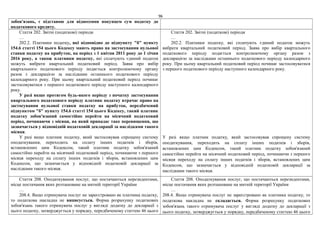96
зобов'язань, є підставою для віднесення покупцем сум податку до
податкового кредиту.
Стаття 202. Звітні (податкові) періоди
…
202.2. Платники податку, які відповідно до підпункту "б" пункту
154.6 статті 154 цього Кодексу мають право на застосування нульової
ставки податку на прибуток, на період з 1 квітня 2011 року до 1 січня
2016 року, а також платники податку, які сплачують єдиний податок
можуть вибрати квартальний податковий період. Заява про вибір
квартального податкового періоду подається контролюючому органу
разом з декларацією за наслідками останнього податкового періоду
календарного року. При цьому квартальний податковий період починає
застосовуватися з першого податкового періоду наступного календарного
року.
У разі якщо протягом будь-якого періоду з початку застосування
квартального податкового періоду платник податку втрачає право на
застосування нульової ставки податку на прибуток, передбачений
підпунктом "б" пункту 154.6 статті 154 цього Кодексу, такий платник
податку зобов'язаний самостійно перейти на місячний податковий
період, починаючи з місяця, на який припадає таке перевищення, що
зазначається у відповідній податковій декларації за наслідками такого
місяця.
У разі якщо платник податку, який застосовував спрощену систему
оподаткування, переходить на сплату інших податків і зборів,
встановлених цим Кодексом, такий платник податку зобов'язаний
самостійно перейти на місячний податковий період, починаючи з першого
місяця переходу на сплату інших податків і зборів, встановлених цим
Кодексом, що зазначається у відповідній податковій декларації за
наслідками такого місяця.
Стаття 202. Звітні (податкові) періоди
…
202.2. Платники податку, які сплачують єдиний податок можуть
вибрати квартальний податковий період. Заява про вибір квартального
податкового періоду подається контролюючому органу разом з
декларацією за наслідками останнього податкового періоду календарного
року. При цьому квартальний податковий період починає застосовуватися
з першого податкового періоду наступного календарного року.
У разі якщо платник податку, який застосовував спрощену систему
оподаткування, переходить на сплату інших податків і зборів,
встановлених цим Кодексом, такий платник податку зобов'язаний
самостійно перейти на місячний податковий період, починаючи з першого
місяця переходу на сплату інших податків і зборів, встановлених цим
Кодексом, що зазначається у відповідній податковій декларації за
наслідками такого місяця.
Стаття 208. Оподаткування послуг, що постачаються нерезидентами,
місце постачання яких розташоване на митній території України
…
208.4. Якщо отримувача послуг не зареєстровано як платника податку,
то податкова накладна не виписується. Форма розрахунку податкових
зобов'язань такого отримувача послуг у вигляді додатку до декларації з
цього податку, затверджується у порядку, передбаченому статтею 46 цього
Стаття 208. Оподаткування послуг, що постачаються нерезидентами,
місце постачання яких розташоване на митній території України
…
208.4. Якщо отримувача послуг не зареєстровано як платника податку, то
податкова накладна не складається. Форма розрахунку податкових
зобов'язань такого отримувача послуг у вигляді додатку до декларації з
цього податку, затверджується у порядку, передбаченому статтею 46 цього
 