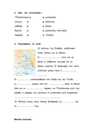 2. Κάνε την αντιστοίχιση :
Πελοπόννησος   μετακίνηση
είλωτες   διάλεκτος
κάθοδος   δούλοι
δωρική   μυκηνaικός πολιτισμός
παρακμή   Σπάρτη
3. Συμπληρώνω τα κενά:
Οι κάτοικοι της Ελλάδας αναζήτησαν
νέους τόπους για να ζήσουν.
Η………………………………………. έγινε για να
βρουν οι άνθρωποι νέα μέρη για να
ζήσουν ειρηνικά. Ο προορισμός των τριών
ελληνικών φύλων ήταν η ………………………..
……………….
Οι ……………………….εγκαταστάθηκαν στη Λέσβο και την Τένεδο,
οι………………………….. έφυγαν από την ……………………………..προς τη Μικρά
Ασία και οι ……………………………… άφησαν την Πελοπόννησο, γιατί είχε
αυξηθεί ο αριθμός των κατοίκων. Η μετακίνηση αυτή ονομάστηκε
……………………………………………………………………………………..
Οι Έλληνες στους νέους τόπους διατήρησαν τα………………………. και
τη …………………………….. τους.
Μανιάτη Αγγελική
Επιμέλεια: Χρήστος Χαρμπής σελίδα 21
 