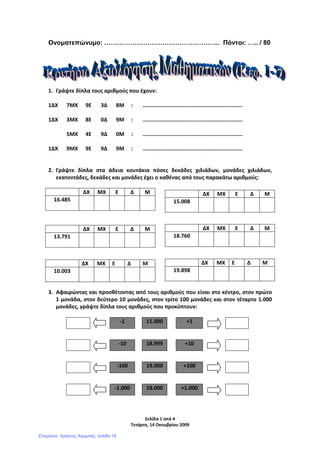 Σελίδα 1 από 4
Τετάρτη, 14 Οκτωβρίου 2009
Ονοµατεπώνυµο: ……………………………………………... Πόντοι: ….. / 80
1. Γράψτε δίπλα τους αριθμούς που έχουν:
1ΔΧ 7ΜΧ 9Ε 3Δ 8Μ : ……………………………………………………………..
1ΔΧ 3ΜΧ 8Ε 0Δ 9Μ : ……………………………………………………………..
5ΜΧ 4Ε 9Δ 0Μ : ……………………………………………………………..
1ΔΧ 9ΜΧ 9Ε 9Δ 9Μ : ……………………………………………………………..
2. Γράψτε δίπλα στα άδεια κουτάκια πόσες δεκάδες χιλιάδων, μονάδες χιλιάδων,
εκατοντάδες, δεκάδες και μονάδες έχει ο καθένας από τους παρακάτω αριθμούς:
ΔΧ ΜΧ Ε Δ Μ
16.485
ΔΧ ΜΧ Ε Δ Μ
13.791
3. Αφαιρώντας και προσθέτοντας από τους αριθμούς που είναι στο κέντρο, στον πρώτο
1 μονάδα, στον δεύτερο 10 μονάδες, στον τρίτο 100 μονάδες και στον τέταρτο 1.000
μονάδες, γράψτε δίπλα τους αριθμούς που προκύπτουν:
-1 11.000 +1
-10 18.999 +10
-100 19.000 +100
-1.000 18.000 +1.000
ΔΧ ΜΧ Ε Δ Μ
15.008
ΔΧ ΜΧ Ε Δ Μ
18.760
ΔΧ ΜΧ Ε Δ Μ
19.898
ΔΧ ΜΧ Ε Δ Μ
10.003
Επιμέλεια: Χρήστος Χαρμπής σελίδα 19
 