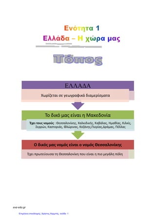 eva-edu.gr
Ο δικός μας νομός είναι ο νομός Θεσσαλονίκης
Έχει πρωτεύουσα τη Θεσσαλονίκη που είναι η πιο μεγάλη πόλη
Το δικό μας είναι η Μακεδονία
Έχει τους νομούς : Θεσσαλονίκης, Χαλκιδικής, Καβάλας, Ημαθίας, Κιλκίς,
Σερρών, Καστοριάς, Φλώρινας, Κοζάνης,Πιερίας,Δράμας, Πέλλας
Χωρίζεται σε γεωγραφικά διαμερίσματα
Ο δικός μας νομός είναι ο νομός Θεσσαλονίκης
Έχει πρωτεύουσα τη Θεσσαλονίκη που είναι η πιο μεγάλη πόλη
Το δικό μας είναι η Μακεδονία
Θεσσαλονίκης, Χαλκιδικής, Καβάλας, Ημαθίας, Κιλκίς,
Σερρών, Καστοριάς, Φλώρινας, Κοζάνης,Πιερίας,Δράμας, Πέλλας
ΕΛΛΑ∆Α
Χωρίζεται σε γεωγραφικά διαμερίσματα
Ο δικός μας νομός είναι ο νομός Θεσσαλονίκης
Έχει πρωτεύουσα τη Θεσσαλονίκη που είναι η πιο μεγάλη πόλη
Θεσσαλονίκης, Χαλκιδικής, Καβάλας, Ημαθίας, Κιλκίς,
Σερρών, Καστοριάς, Φλώρινας, Κοζάνης,Πιερίας,Δράμας, Πέλλας
Επιμέλεια επανάληψης: Χρήστος Χαρμπής σελίδα 1
 