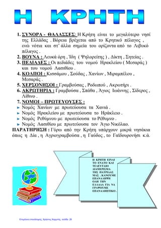 1. ΣΥΝΟΡΑ - ΘΑΛΑΣΣΕΣ: Η Κρήτη είναι το µεγαλύτερο νησί
της Ελλάδας . Βόρεια βρέχεται από το Κρητικό πέλαγος ,
ενώ νότια και στ’ άλλα σηµεία του ορίζοντα από το Λιβυκό
πέλαγος .
2. ΒΟΥΝΑ : Λευκά όρη , Ίδη ( Ψηλορείτης ) , ∆ίκτη , Σητείας .
3. ΠΕ∆ΙΑ∆ΕΣ : Οι πεδιάδες του νοµού Ηρακλείου ( Μεσαράς )
και του νοµού Λασιθίου .
4. ΚΟΛΠΟΙ : Κισσάµου , Σούδας , Χανίων , Μιραµπέλου ,
Μεσαράς .
5. ΧΕΡΣΟΝΗΣΟΙ : Γραµβούσας , Ροδωπού , Ακρωτήρι .
6. ΑΚΡΩΤΗΡΙΑ : Γραµβούσα , Σπάθα , Άγιος Ιωάννης , Σίδερος ,
Λίθινο .
7. ΝΟΜΟΙ – ΠΡΩΤΕΥΟΥΣΕΣ :
Νοµός Χανίων µε πρωτεύουσα τα Χανιά .
Νοµός Ηρακλείου µε πρωτεύουσα το Ηράκλειο .
Νοµός Ρεθύµνου µε πρωτεύουσα το Ρέθυµνο .
Νοµός Λασιθίου µε πρωτεύουσα τον Άγιο Νικόλαο.
ΠΑΡΑΤΗΡΗΣΗ : Γύρω από την Κρήτη υπάρχουν µικρά νησάκια
όπως η ∆ία , η Αγριογραµβούσα , η Γαύδος , το Γαϊδουρονήσι κ.ά.
Η ΚΡΗΤΗ ΕΙΝΑΙ
ΤΟ ΕΝΑΤΟ ΚΑΙ
ΤΕΛΕΥΤΑΙΟ
∆ΙΑΜΕΡΙΣΜΑ
ΤΗΣ ΠΑΤΡΙ∆ΑΣ
ΜΑΣ . ΚΑΝΟΥΜΕ
ΕΠΑΝΑΛΗΨΗ
ΟΛΗ ΤΗΝ
ΕΛΛΑ∆Α ΓΙΑ ΝΑ
ΓΡΑΨΟΥΜΕ
ΕΠΑΝΑΛΗΠΤΙΚΟ .
Επιμέλεια επανάληψης: Χρήστος Χαρμπής σελίδα 26
 