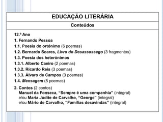EDUCAÇÃO LITERÁRIA
Conteúdos
12.º Ano
1. Fernando Pessoa
1.1. Poesia do ortónimo (6 poemas)
1.2. Bernardo Soares, Livro do Desassossego (3 fragmentos)
1.3. Poesia dos heterónimos
1.3.1. Alberto Caeiro (2 poemas)
1.3.2. Ricardo Reis (3 poemas)
1.3.3. Álvaro de Campos (3 poemas)
1.4. Mensagem (8 poemas)
2. Contos (2 contos)
Manuel da Fonseca, “Sempre é uma companhia” (integral)
e/ou Maria Judite de Carvalho, “George” (integral)
e/ou Mário de Carvalho, “Famílias desavindas” (integral)
 