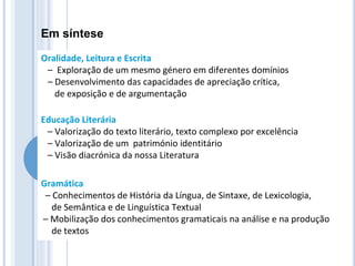 Em síntese
Oralidade, Leitura e Escrita
– Exploração de um mesmo género em diferentes domínios
– Desenvolvimento das capacidades de apreciação crítica,
de exposição e de argumentação
Educação Literária
– Valorização do texto literário, texto complexo por excelência
– Valorização de um património identitário
– Visão diacrónica da nossa Literatura
Gramática
– Conhecimentos de História da Língua, de Sintaxe, de Lexicologia,
de Semântica e de Linguística Textual
– Mobilização dos conhecimentos gramaticais na análise e na produção
de textos
 