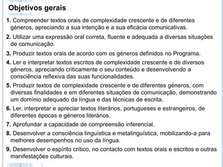 Objetivos gerais
1. Compreender textos orais de complexidade crescente e de diferentes
géneros, apreciando a sua intenção e a sua eficácia comunicativas.
2. Utilizar uma expressão oral correta, fluente e adequada a diversas situações
de comunicação.
3. Produzir textos orais de acordo com os géneros definidos no Programa.
4. Ler e interpretar textos escritos de complexidade crescente e de diversos
géneros, apreciando criticamente o seu conteúdo e desenvolvendo a
consciência reflexiva das suas funcionalidades.
5. Produzir textos de complexidade crescente e de diferentes géneros, com
diversas finalidades e em diferentes situações de comunicação, demonstrando
um domínio adequado da língua e das técnicas de escrita.
6. Ler, interpretar e apreciar textos literários, portugueses e estrangeiros, de
diferentes épocas e géneros literários.
7. Aprofundar a capacidade de compreensão inferencial.
8. Desenvolver a consciência linguística e metalinguística, mobilizando-a para
melhores desempenhos no uso da língua.
9. Desenvolver o espírito crítico, no contacto com textos orais e escritos e outras
manifestações culturais.
 