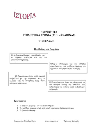 ∆ηµιουργός: Πιτσίλκα Ελένη xristx.blogspot.gr Χρήστος Χαρµπής
1η ΕΝΟΤΗΤΑ
ΓΕΩΜΕΤΡΙΚΑ ΧΡΟΝΙΑ ( 11ος - 8ος ΑΙΩΝΑΣ)
1ο ΚΕΦΑΛΑΙΟ
Η κάθοδος των ∆ωριέων
Ερωτήµατα
1. Τι ήταν οι ∆ωριείς; Πού εγκαταστάθηκαν;
2. Τι εµ̟όδισε το µυκηναϊκό ̟ολιτισµό να ανα̟τυχθεί ̟ερισσότερο;
3. Τι ήταν οι είλωτες;
Οι άνθρω̟οι αλλάζουν ̟ατρίδα είτε για
να ζήσουν καλύτερα είτε για να
α̟οφύγουν εχθρούς .
Οι ∆ωριείς, ̟ου ήταν ̟ολύ ισχυροί,
ε̟έβαλλαν µε την ̟αρουσία τους τη
γλώσσα και τι συνήθειές τους στους
µόνιµους κατοίκους.
Όλος ο ̟ληθυσµός της τότε Ελλάδας
α̟οτελούνταν α̟ό οµάδες ανθρώ̟ων ̟ου
έρχονταν α̟ό βορειότερες ̟εριοχές.
Η Πελο̟όννησος ήταν και είναι α̟ό τα
̟ιο εύφορα εδάφη της Ελλάδας και
̟ιθανότατα για το λόγο αυτό τη διάλεξαν
οι ∆ωριείς.
 
