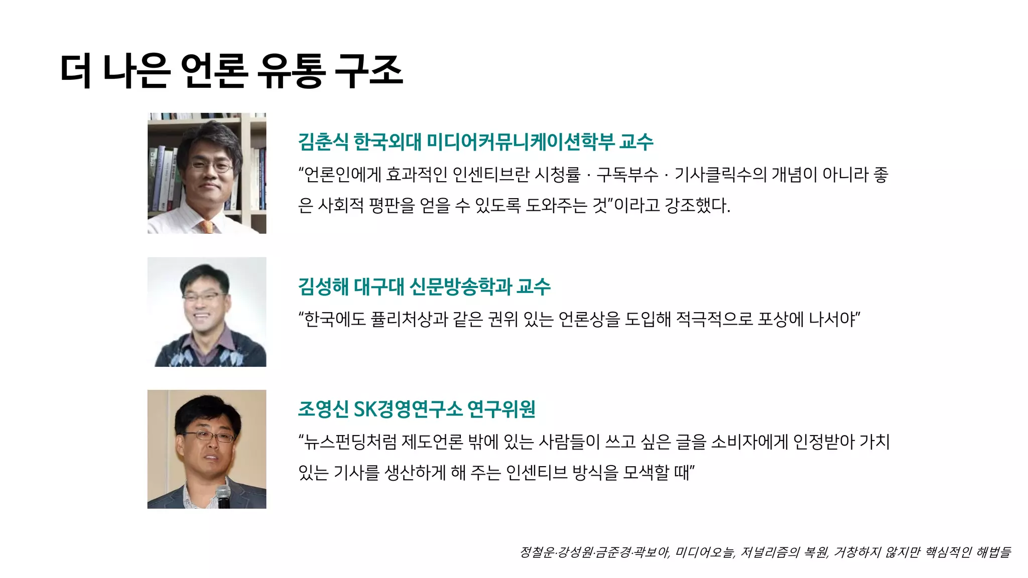 김춘식 한국외대 미디어커뮤니케이션학부 교수
“언론인에게 효과적인 인센티브란 시청률·구독부수·기사클릭수의 개념이 아니라 좋
은 사회적 평판을 얻을 수 있도록 도와주는 것”이라고 강조했다.
-
김성해 대구대 신문방송학과 교수
“한국에도 퓰리처상과 같은 권위 있는 언론상을 도입해 적극적으로 포상에 나서야”
-
조영신 SK경영연구소 연구위원
“뉴스펀딩처럼 제도언론 밖에 있는 사람들이 쓰고 싶은 글을 소비자에게 인정받아 가치
있는 기사를 생산하게 해 주는 인센티브 방식을 모색할 때”
더 나은 언론 유통 구조
정철운·강성원·금준경·곽보아, 미디어오늘, 저널리즘의 복원, 거창하지 않지만 핵심적인 해법들
 