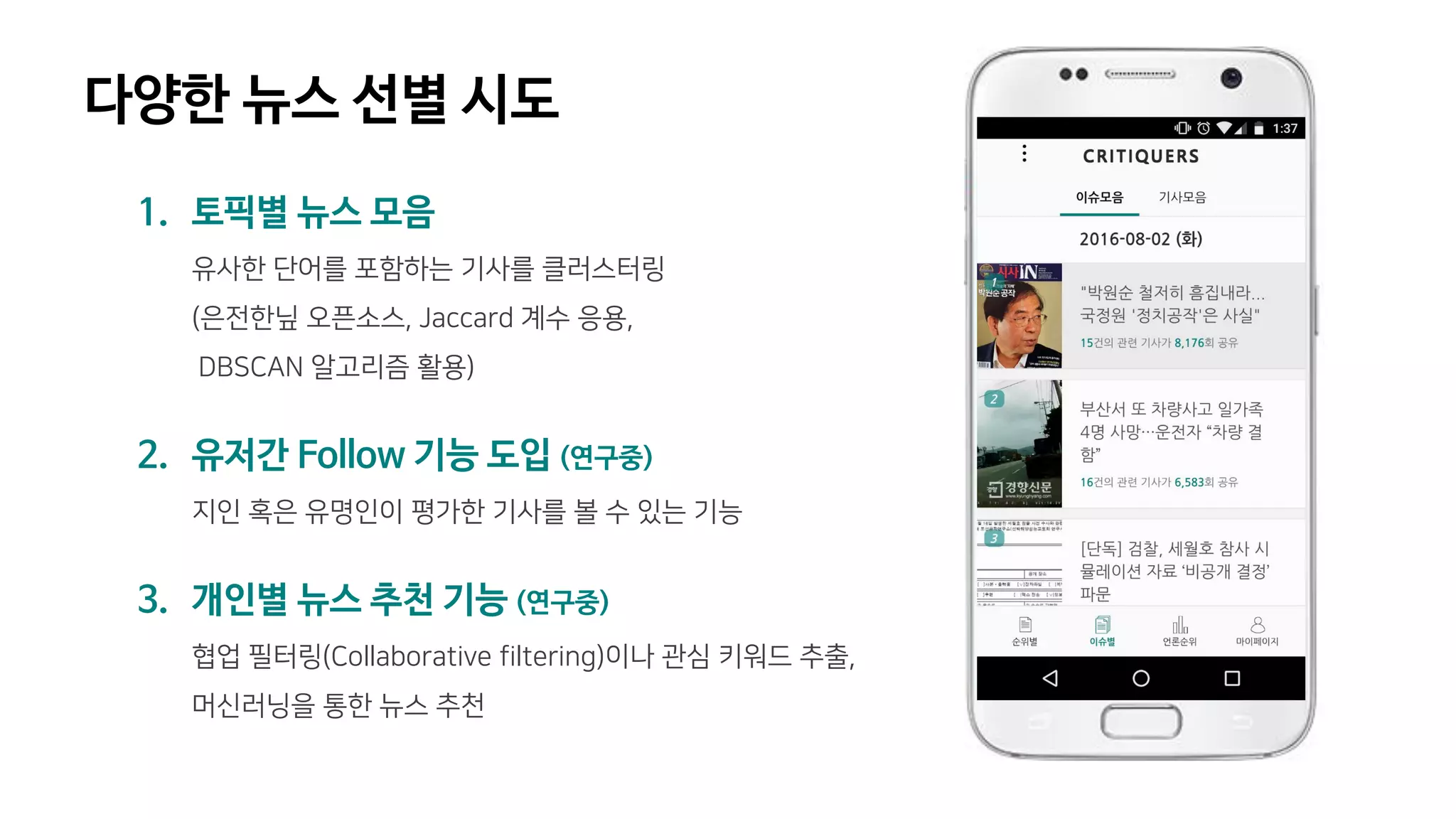 다양한 뉴스 선별 시도
1. 토픽별 뉴스 모음
유사한 단어를 포함하는 기사를 클러스터링
(은전한닢 오픈소스, Jaccard 계수 응용,
DBSCAN 알고리즘 활용)
-
2. 유저간 Follow 기능 도입 (연구중)
지인 혹은 유명인이 평가한 기사를 볼 수 있는 기능
-
3. 개인별 뉴스 추천 기능 (연구중)
협업 필터링(Collaborative filtering)이나 관심 키워드 추출,
머신러닝을 통한 뉴스 추천
 