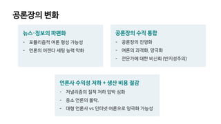 공론장의 변화
언론사 수익성 저하 + 생산 비용 절감
- 저널리즘의 질적 저하 압박 심화
- 중소 언론의 몰락.
- 대형 언론사 vs 인터넷 여론으로 양극화 가능성
뉴스·정보의 파편화
- 포퓰리즘적 여론 형성 가능성
- 언론의 어젠다 세팅 능력 약화
공론장의 수직 통합
- 공론장의 진영화
- 여론의 과격화, 양극화
- 전문가에 대한 비신뢰 (반지성주의)
 
