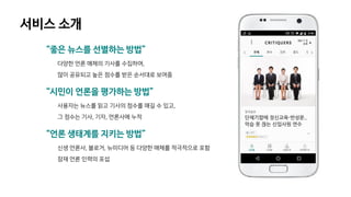 “좋은 뉴스를 선별하는 방법”
다양한 언론 매체의 기사를 수집하여,
많이 공유되고 높은 점수를 받은 순서대로 보여줌
“시민이 언론을 평가하는 방법”
사용자는 뉴스를 읽고 기사의 점수를 매길 수 있고,
그 점수는 기사, 기자, 언론사에 누적
“언론 생태계를 지키는 방법”
신생 언론사, 블로거, 뉴미디어 등 다양한 매체를 적극적으로 포함
잠재 언론 인력의 포섭
서비스 소개
 