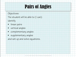 Pairs of Angles
Objectives:
The student will be able to (I can):
Identify
• linear pairs
• vertical angles
• complementary angles
• supplementary angles
and set up and solve equations.
 