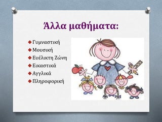 Άλλα μαθήματα:
Γυμναστική
Μουσική
Ευέλικτη Ζώνη
Εικαστικά
Αγγλικά
Πληροφορική
 