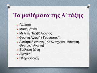 Τα μαθήματα της Α΄τάξης
 Γλώσσα
 Μαθηματικά
 Μελέτη Περιβάλλοντος
 Φυσική Αγωγή ( Γυμναστική)
 Αισθητική Αγωγή ( Καλλιτεχνικά, Μουσική,
Θεατρική Αγωγή)
 Ευέλικτη ζώνη
 Αγγλικά
 Πληροφορική
 