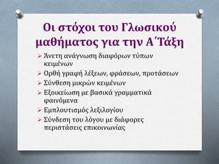 Οι στόχοι του Γλωσικού
μαθήματος για την Α΄Τάξη
 Άνετη ανάγνωση διαφόρων τύπων
κειμένων
 Ορθή γραφή λέξεων, φράσεων, προτάσεων
 Σύνθεση μικρών κειμένων
 Εξοικείωση με βασικά γραμματικά
φαινόμενα
 Εμπλουτισμός λεξιλογίου
 Σύνδεση του λόγου με διάφορες
περιστάσεις επικοινωνίας
 