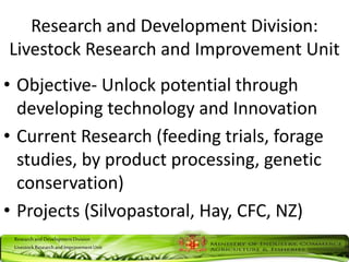 ResearchandDevelopmentDivision
LivestockResearchandImprovementUnit
Research and Development Division:
Livestock Research and Improvement Unit
• Objective- Unlock potential through
developing technology and Innovation
• Current Research (feeding trials, forage
studies, by product processing, genetic
conservation)
• Projects (Silvopastoral, Hay, CFC, NZ)
 